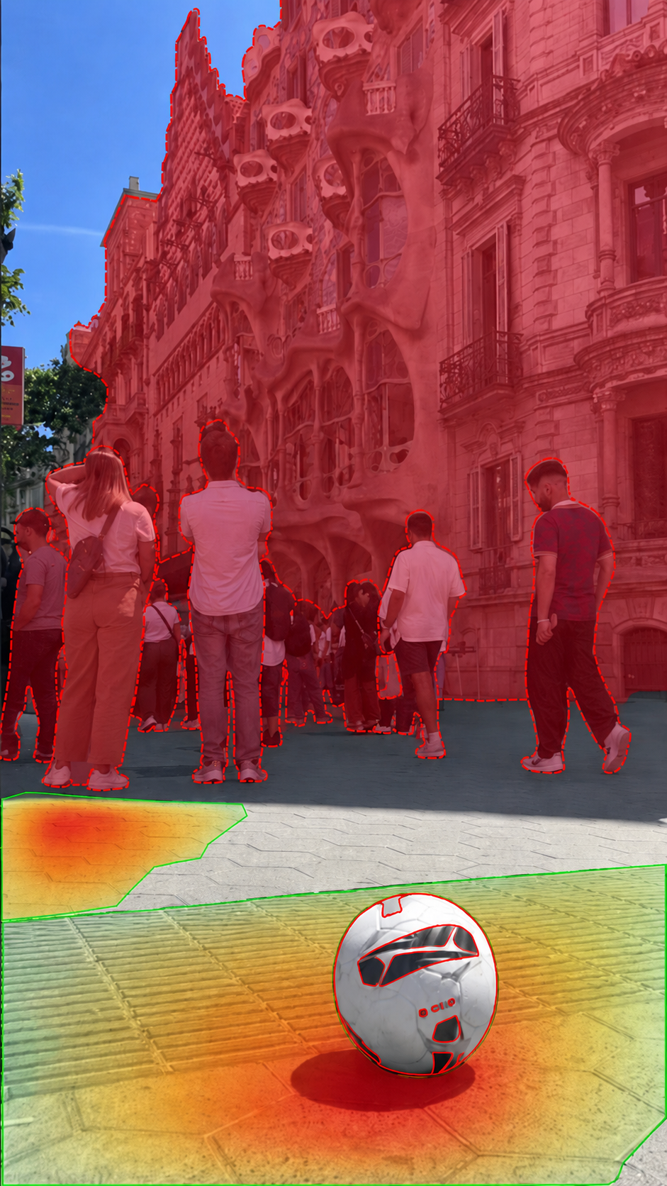 Heatmap study of public-space football interaction with crowd exclusion overlays.