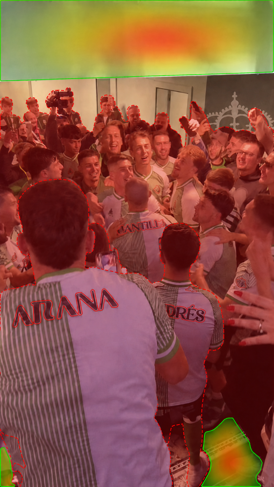 Heatmap study of team celebration imagery with highlighted inventory-safe upper and lower surfaces.
