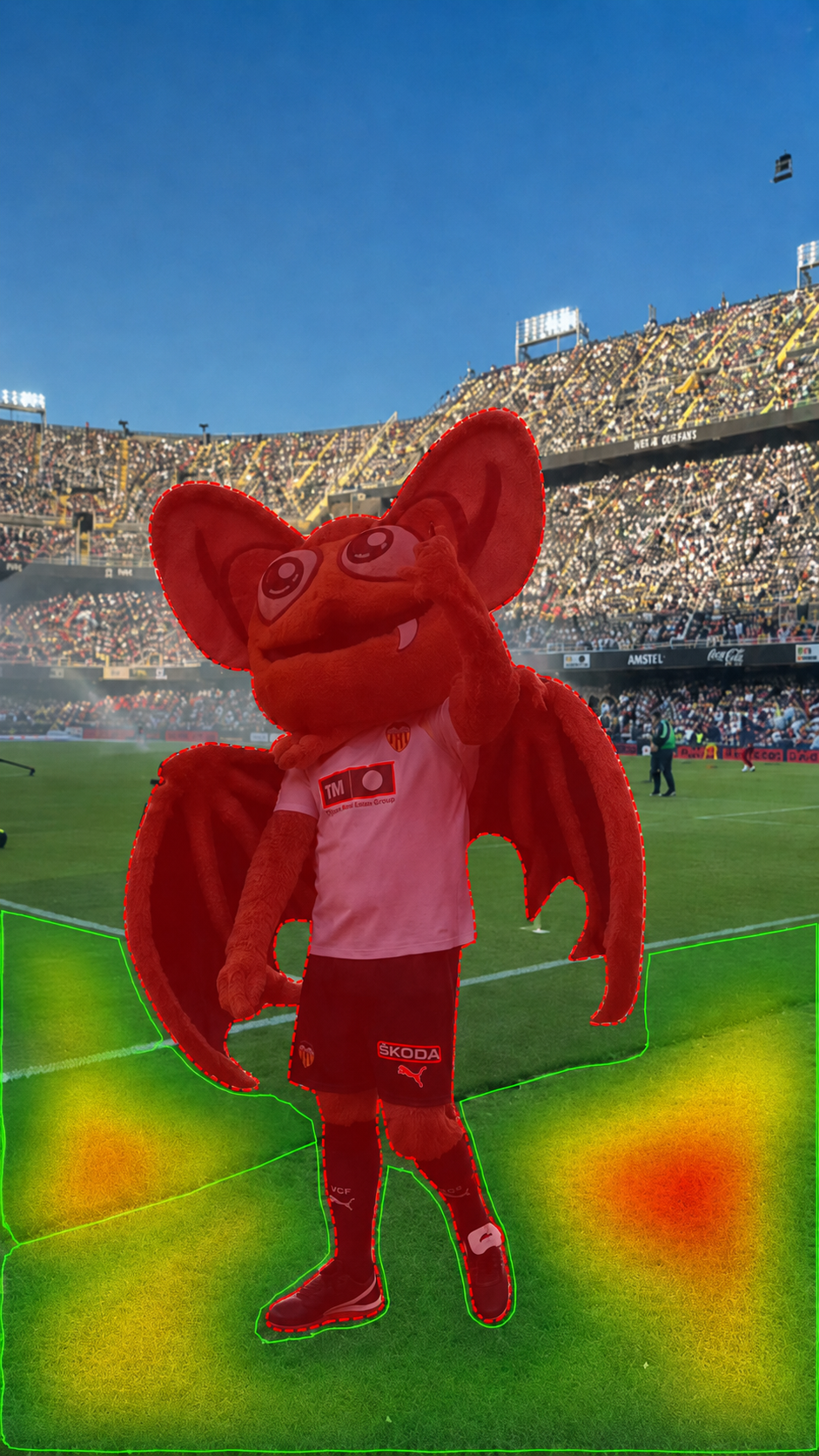 Heatmap study of pitch-side mascot presence with highlighted ground attention zones.