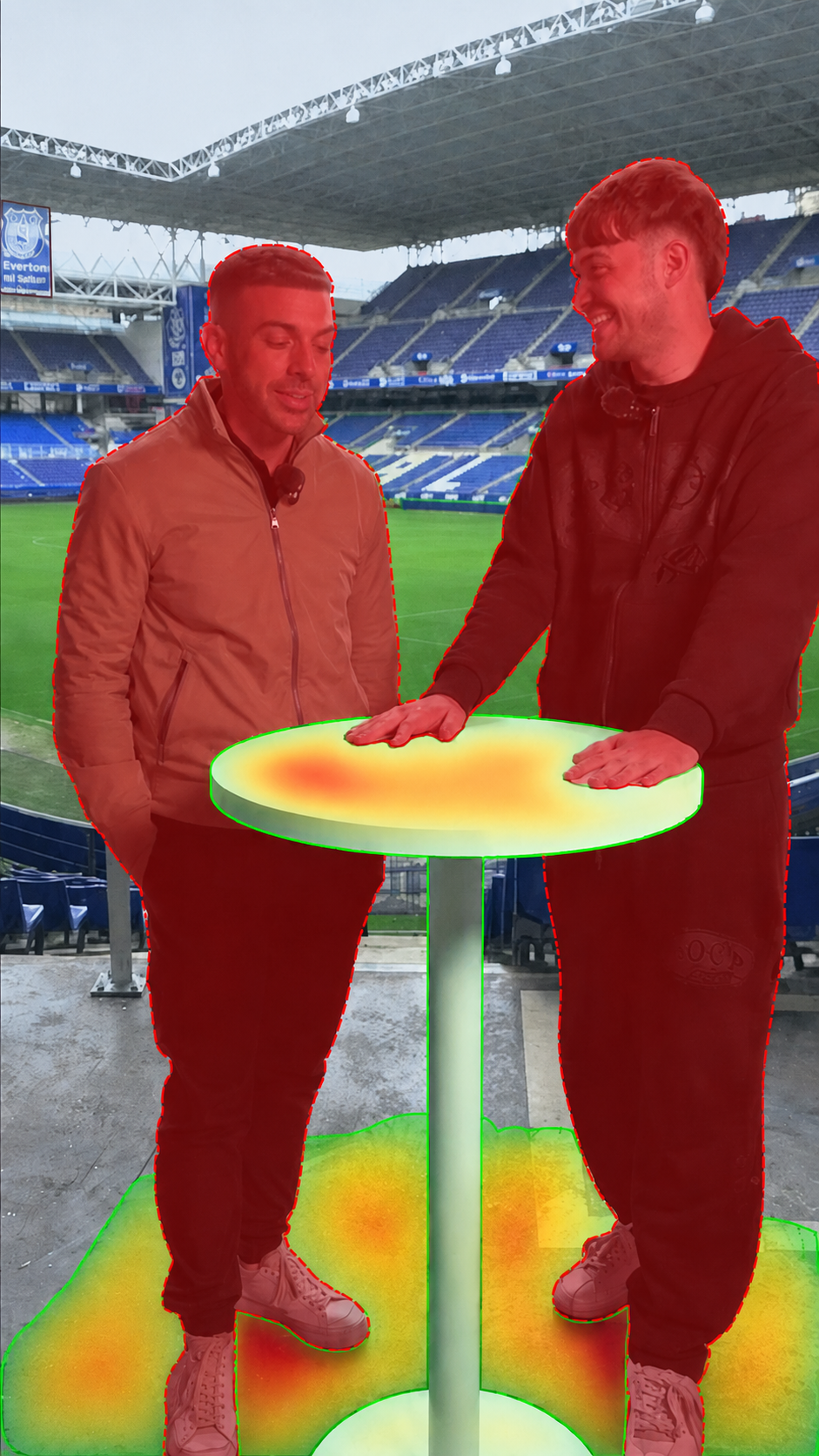 Heatmap study of stadium concourse interaction around a branded tabletop surface.