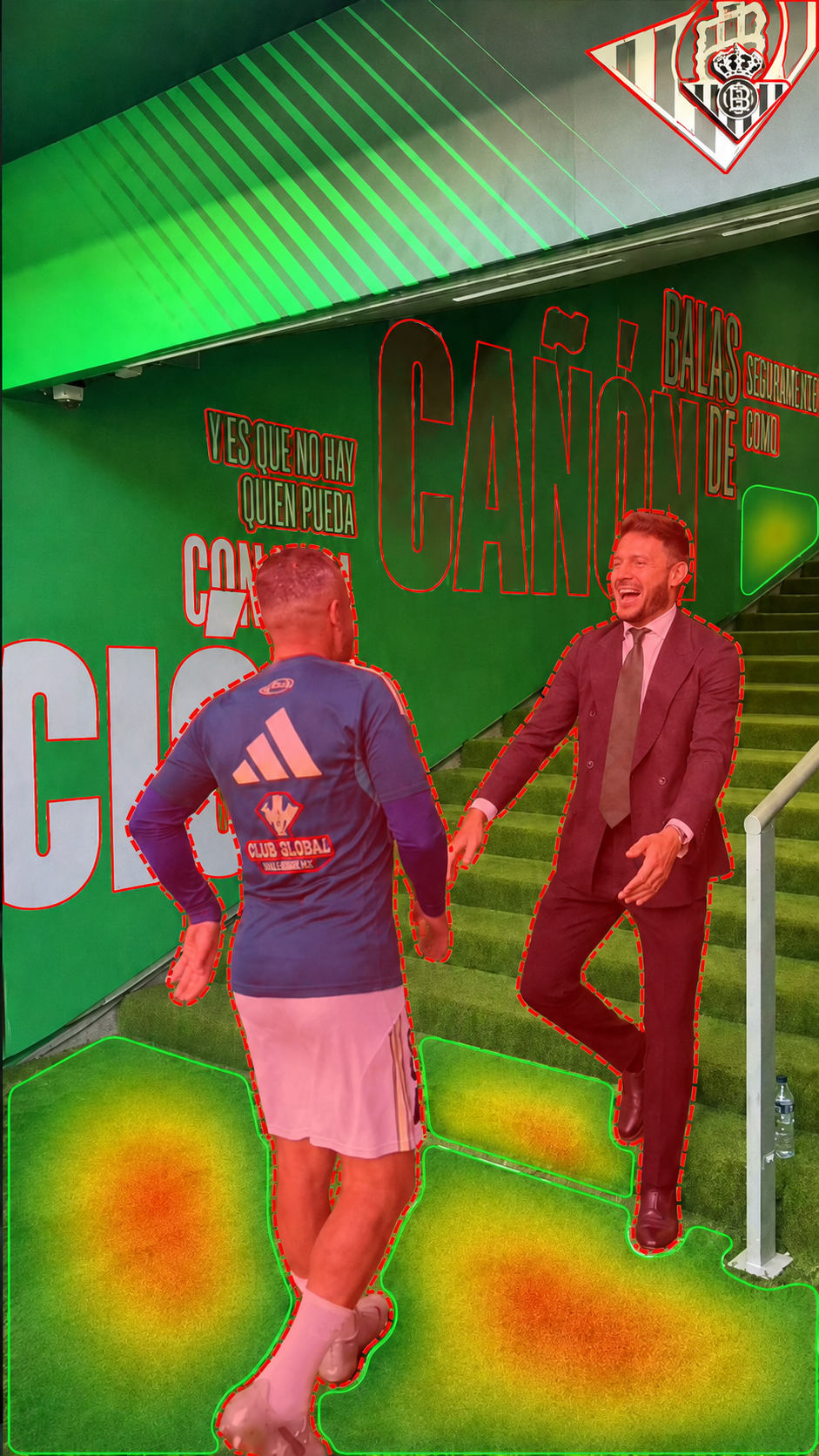 Heatmap study showing walkway activity and protected subject zones inside a branded stadium tunnel.